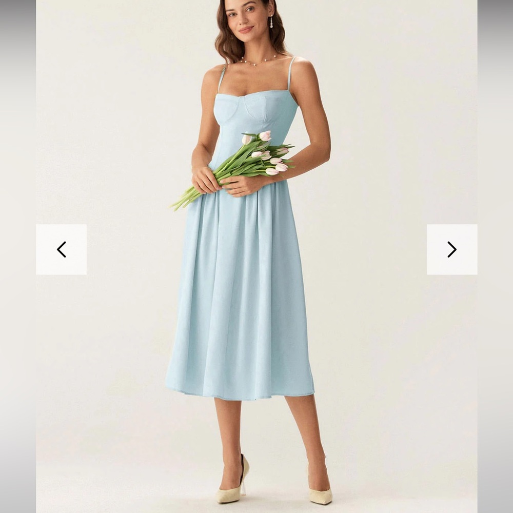 Blue Square Neck Pocket Slip Midi Dress